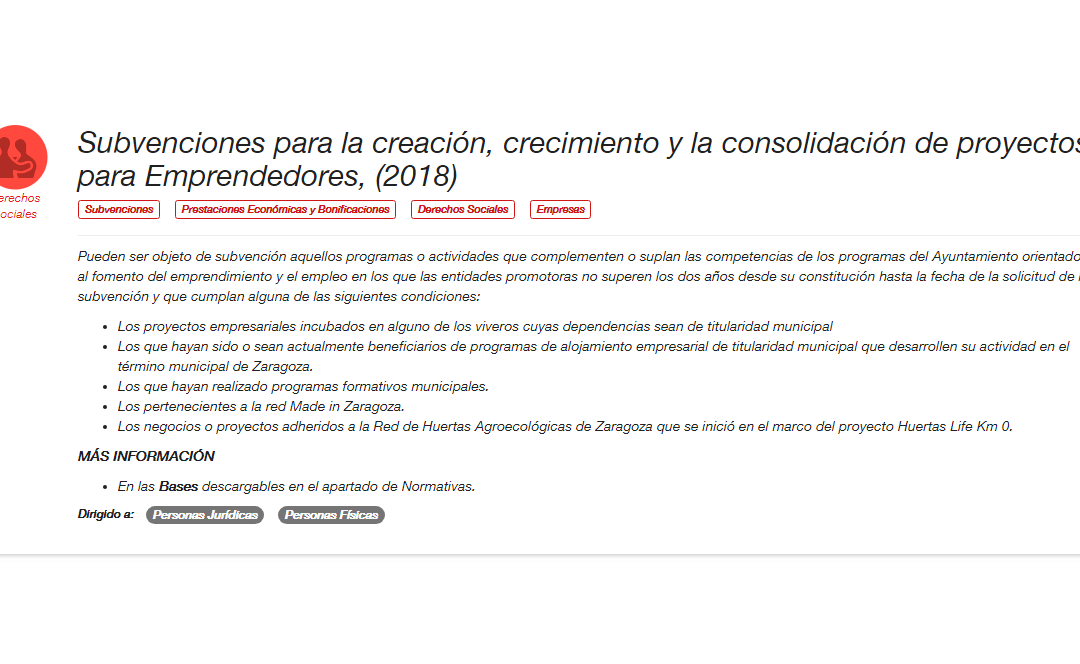 Subvenciones para la creación, crecimiento y la consolidación de proyectos para Emprendedores, (2018)